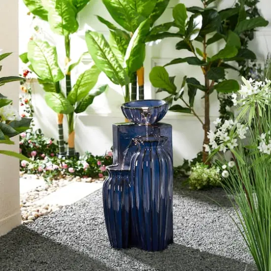 Glitzhome&reg; 26.75" 3-Tier LED Fluted Textured Ceramic Outdoor Floor Fountain Cobalt Blue {3}