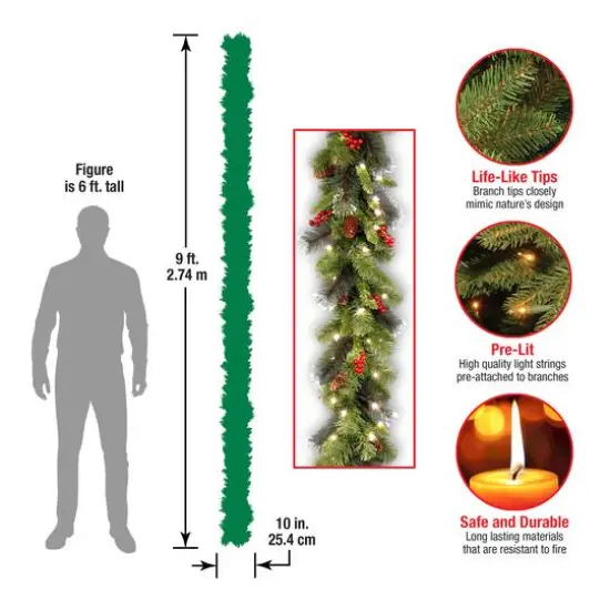 9' x 10" Pre-lit Crestwood&reg; Spruce Artificial Christmas Garland with Silver Bristle, Cones, Red Berries and Glitter with 50 Battery Operated Soft White LED Lights {7}