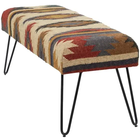 47" Multicolored Metal Tribal Bench with Metal Hairpin Legs {3}