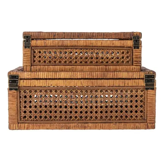Hello Honey&reg; Dark Brown Modern Decorative Rectangle Woven Rattan & Wood Display Box Set with Glass Top {9}
