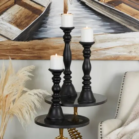 Turned Wood Pillar Candle Holder Set Black {3}