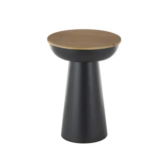 21" Black Metal Pedestal Accent Table with Brown Wood Tabletop {4}