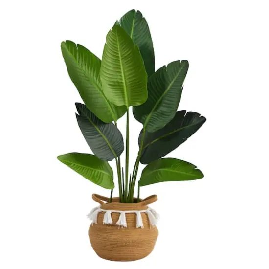 4ft. Travelers Palm Artificial Tree in Boho Chic Handmade Natural Cotton Woven Planter with Tassels {3}