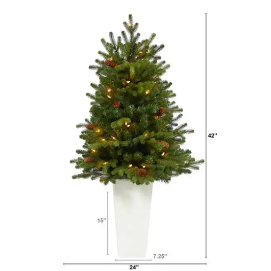 3.5ft. Pre-Lit Yukon Mountain Fir Artificial Christmas Tree in White Planter, Clear Lights {5}