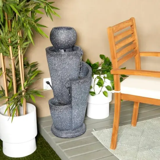 35" Dark Gray Fiberglass 3-Tier Fountain with LED Light {8}