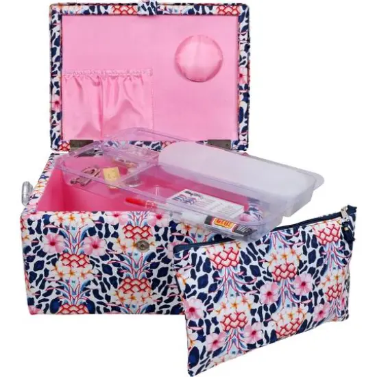 SINGER® Large Tropical Animal Print Premium Sewing Basket with Travel Sewing Kit {10}