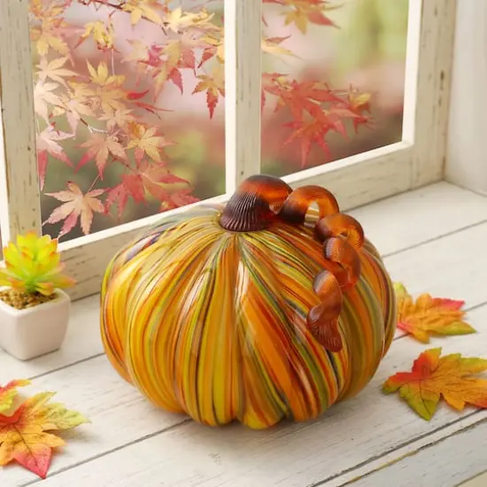 Glitzhome&reg; Large Glass Pumpkin, Multicolor Stripes {10}