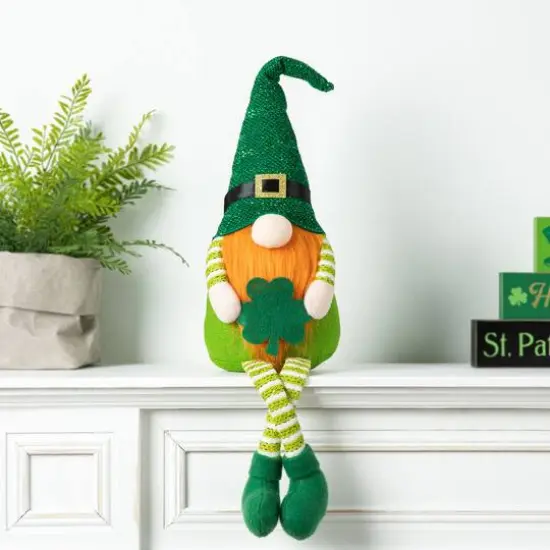 Glitzhome&reg; 28.25'' St. Patrick's Fabric Gnome Shelf Sitter with Dangling Legs {3}