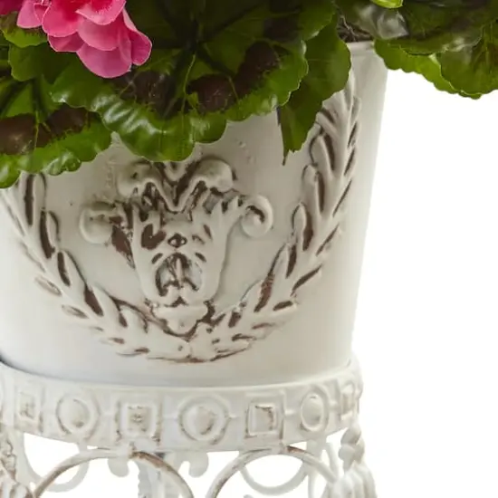 18.5" Pink UV Resistant Geranium Arrangement with White Metal Planter {4}