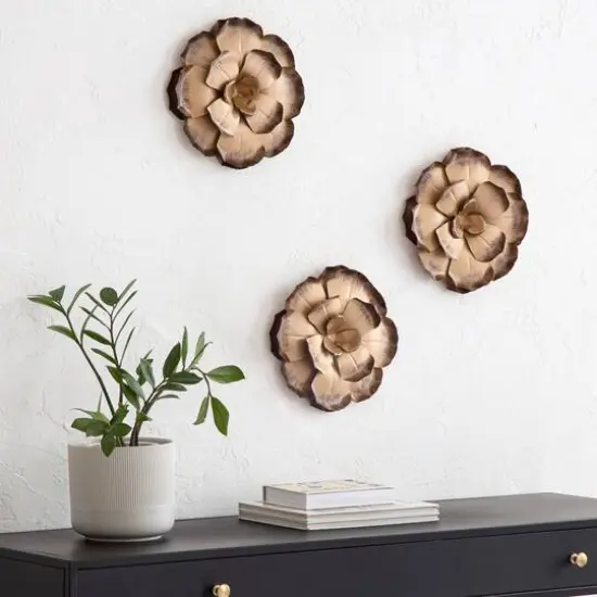 Habitat Decor Zinnias Bronze Flower Metal Wall Art Set {3}