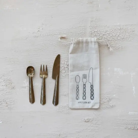 Hello Honey 3-Piece Hand-Forged Brass Appetizer Utensils with Etched Handles, Antique Finish {3}
