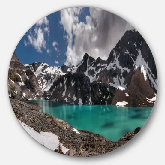 Designart - Distant Mountains and Mountain Lake' Landscape Metal Circle Wall Art {1}