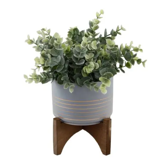 Flora Bunda&reg; 11.5" Gray Eucalyptus in Ceramic Pot on Wood Stand {1}