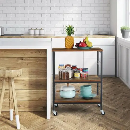 Rustic Brown Wood Kitchen Carts 3-Tier Rolling Rack with 10 Hooks {7}