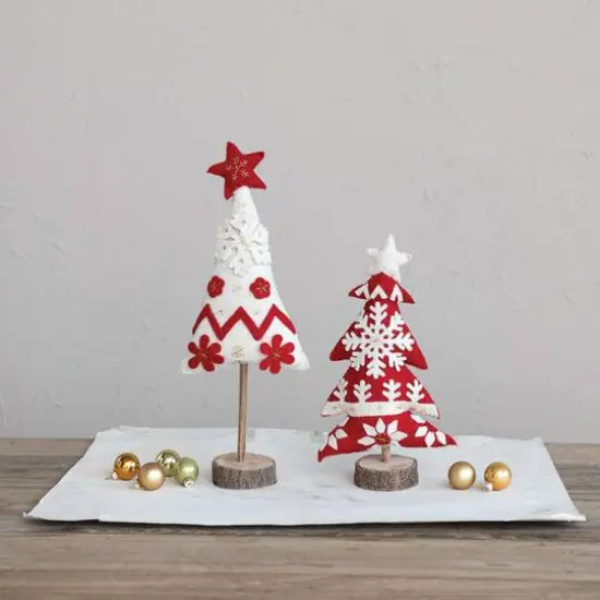 Hello Honey&reg; 17" Red & White Handmade Wool Felt Christmas Tree with Applique, Embroidery & Wood Slice Base {4}