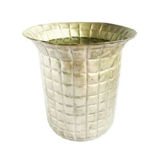 Hello Honey® 8.25" Distressed Pewter Round Grid Pattern Debossed Metal Planter {1}