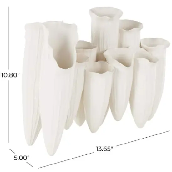 14" White Ceramic Abstract Floral Inspired Decorative Vase with Linear Grooves & 10 Openings {8}