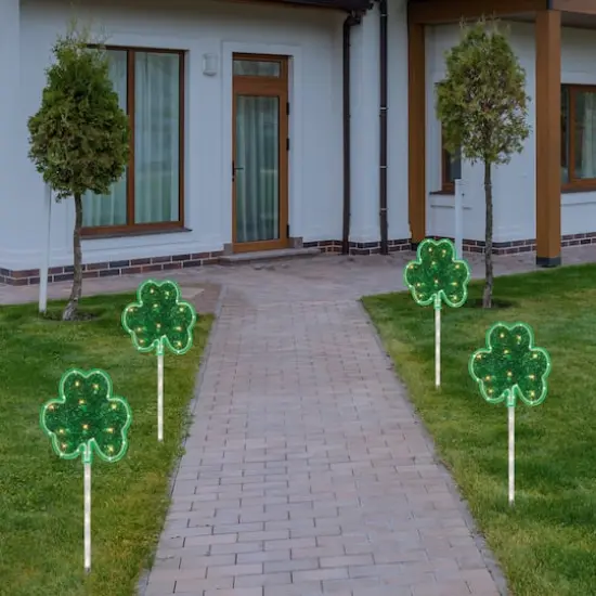 4ct Green Shamrock St Patrick's Day Pathway Marker Lawn Stakes Clear Lights {3}