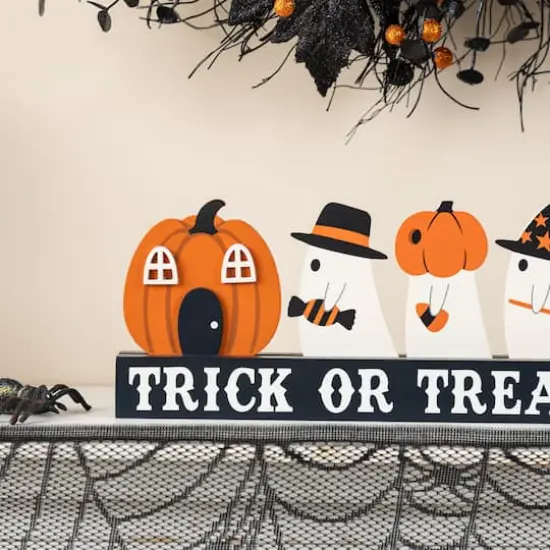 Glitzhome® 12"L Halloween Wooden TRICK OR TREAT Pumpkin & Ghosts Table Decor {6}