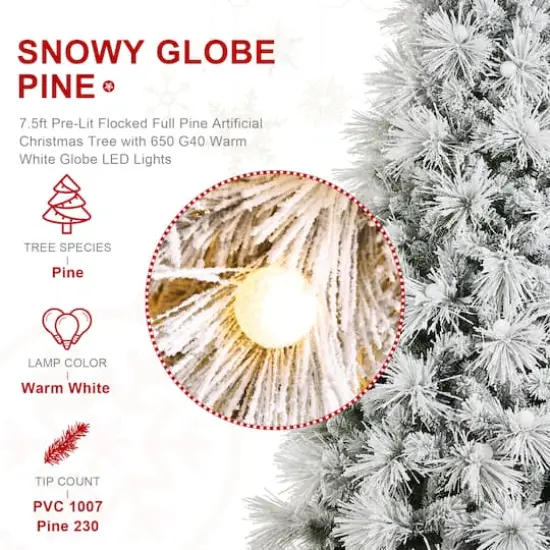 Glitzhome&reg; 7.5ft Pre-Lit Flocked Full Pine Artificial Christmas Tree, Warm White LED Lights {7}