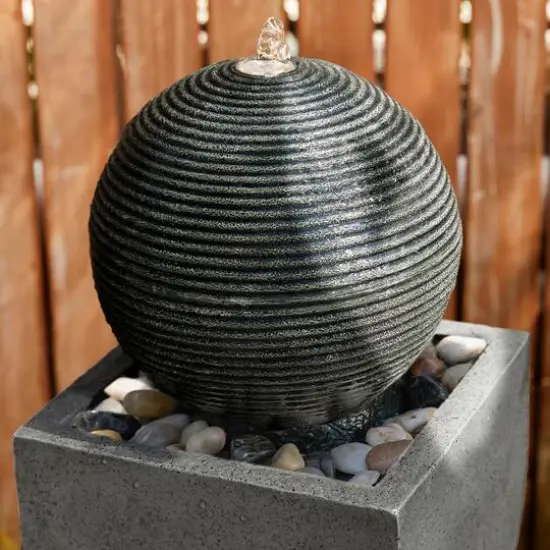 Glitzhome&reg; 40.5" Oversized LED Geometric Pedestal & Sphere Outdoor Floor Fountain {7}