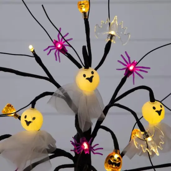 18in. Pre-Lit Artificial Halloween Ghost Dolls, Spiders, Bats & Pumpkins 24 LED Lighted Ornament Tree {6}