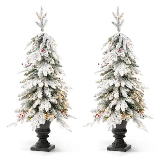 2 Pack 4ft. Pre-Lit Flocked Red Berry Fir Artificial Christmas Porch Tree in Urn, Warm White Lights {1}