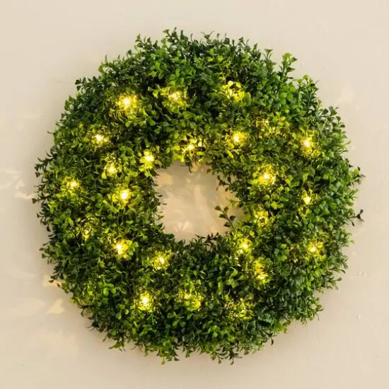 18in. Pre-Lit Artificial Boxwood Wreath with 25 Warm White LED Lights {8}