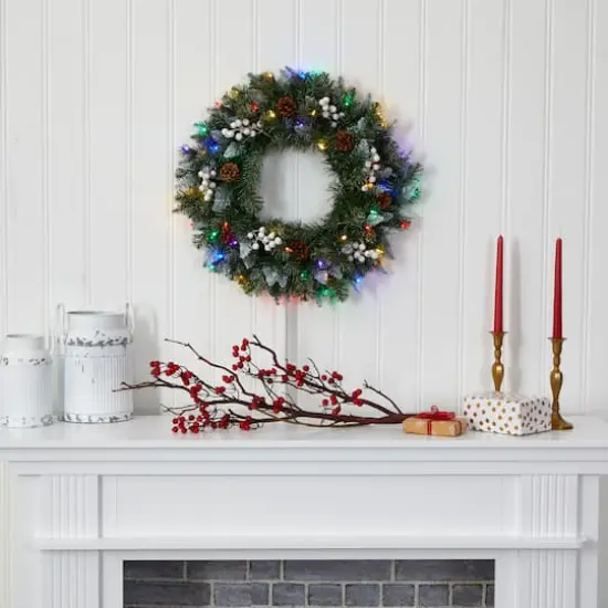 24" LED Snow Tipped Pinecone & White Berry Wreath {4}