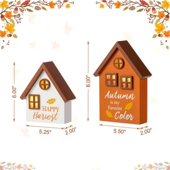 Glitzhome&reg; Lighted Fall Wooden House-shaped Table Decor Set {9}