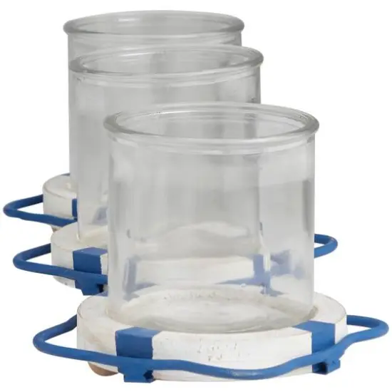 Blue Metal Distressed 3-Linked Buoy Candle Holder with White Wood Accents {3}