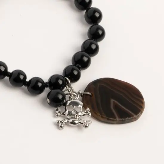 John Bead Onyx Black Natural Stone Bracelet with Agate & Skull Charm {3}