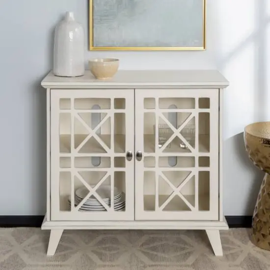 Walker Edison 32" Antique White Fretwork Accent Storage Cabinet {4}