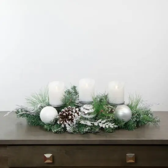 30" Green Pine & Needle Triple Candle Holder with Pinecones & Christmas Ornaments {3}