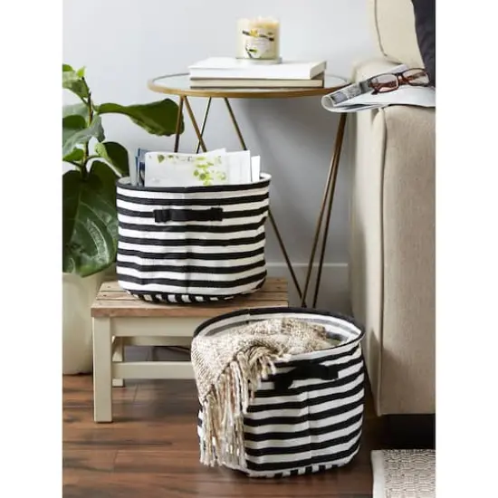 DII&reg; Medium Round Stripes PE-Coated Herringbone Woven Cotton Laundry Bin, 2ct. Black {7}