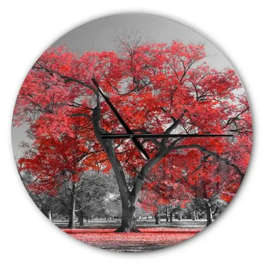 Designart Big Red Tree On Foggy Day Wall Clock {1}