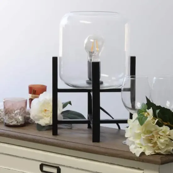 Simple Designs 13.5" Black Wood Mounted Table Lamp with Glass Cylinder Shade Clear Glass {5}