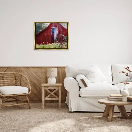 Stupell Industries Red Barn with American Flag Floater Framed Art Gold {3}