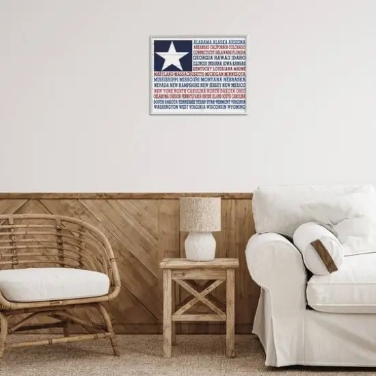 Stupell Industries U.S.A. Star Patriot Flag Listed State Typography Sign Framed Giclee Art White {3}
