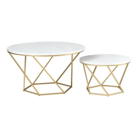 Faux White Marble & Gold Geometric Modern Nesting Coffee Table Set {1}