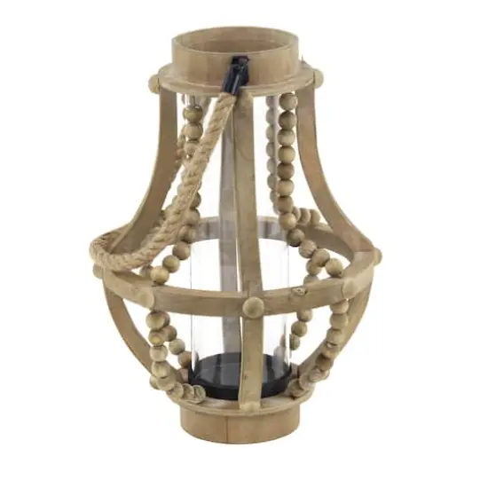 Beige Recycled Wood Farmhouse LED Lantern, 16" x 10" x 10" {4}
