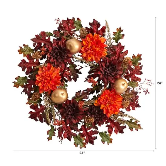 24" Fall Dahlia, Golden Apple, Oak Leaf & Berries Autumn Artificial Wreath {3}