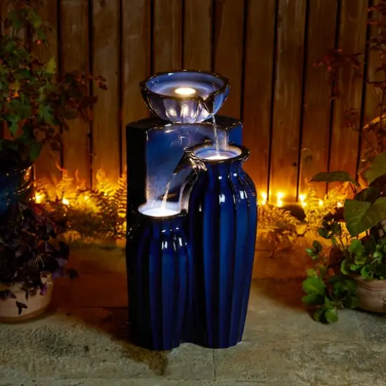 Glitzhome&reg; 26.75" 3-Tier LED Fluted Textured Ceramic Outdoor Floor Fountain Cobalt Blue {4}