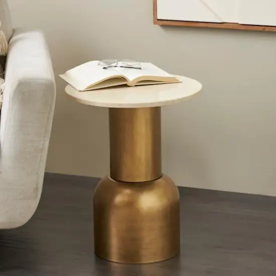 20" Gold Metal Pedestal Accent Table with Cream Marble Tabletop {3}