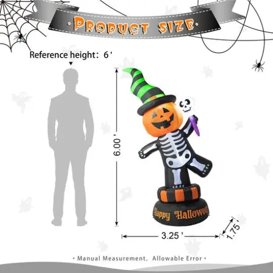 Glitzhome® 6ft. Lighted Halloween Jack-O'-Lantern Skeleton Rotating Inflatable Décor {9}