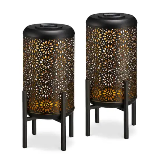 Glitzhome&reg; 14.25" Black Metal Cutout Flower Pattern Solar Powered LED Outdoor Lanterns, 2ct. {1}