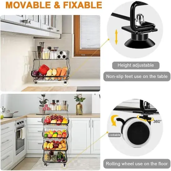 Black 5-Tier Fruit Basket Rolling Cart {5}