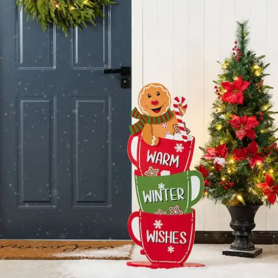 Glitzhome&reg; 34.5" Wooden Christmas Gingerbread Man on Coffee Cup Porch Decor {4}