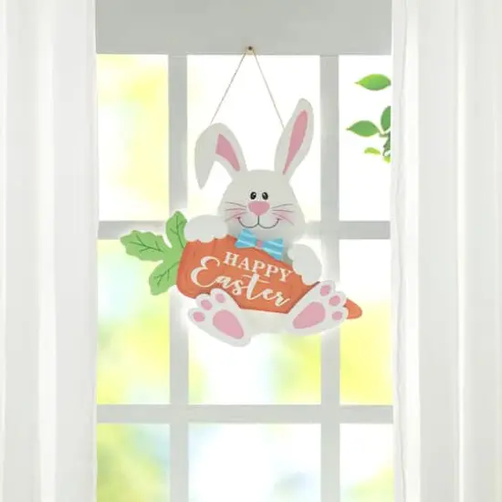 Glitzhome&reg; 14" Happy Easter Bunny & Carrot Door Hanger {5}