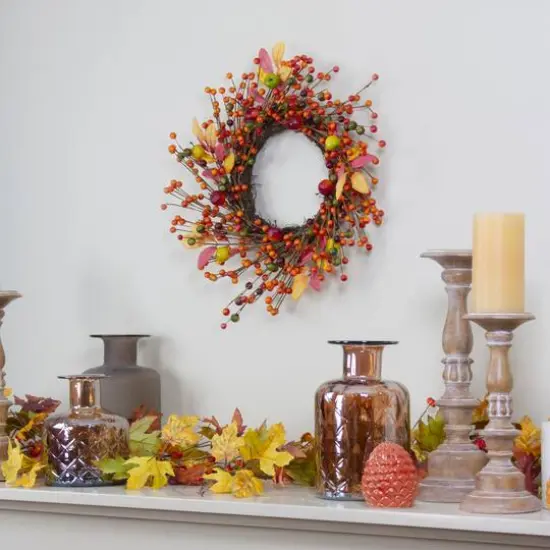 18" Berries & Apples Foliage Twig Thanksgiving Wreath {3}